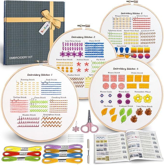 bradove classic embroidery stitches practice kit, embroidery kit for beginners, beginner embroidery kit for adults, hand embroidery kit for kids, stitches kit