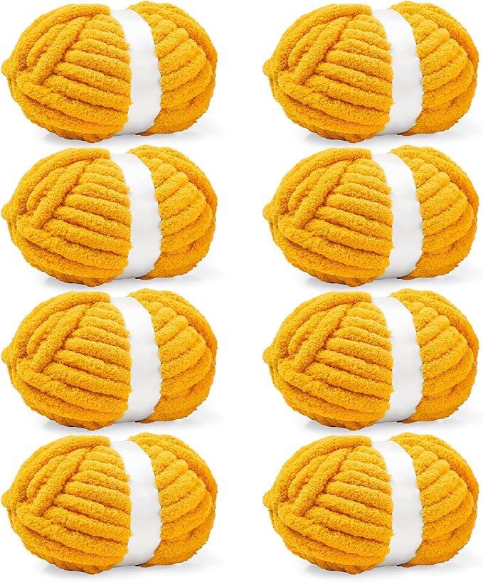 Inhand 8 Pack Chunky Chenille Yarn for Crocheting–30.6 Yards, 7.7oz, Soft Fluffy Thick Yarn,Fall Decor Gifts for Women/Grandma Birthday Unique,Hand Knitting for Blankets&DIY Crafts (Gold)