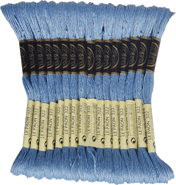 LE PAON Embroidery Floss, 14-Pack Six Strands 100% Long Staple Cotton Embroidery Thread, 8.7-Yard，Color Number：322, Dark Baby Blue