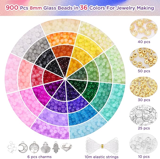 funtopia 8mm glass beads for bracelets, 36 colors crystal beads for jewelry making, 1061pcs bracelet making kit, round glass bead for diy earrings necklace crafts with spacer bead and charms