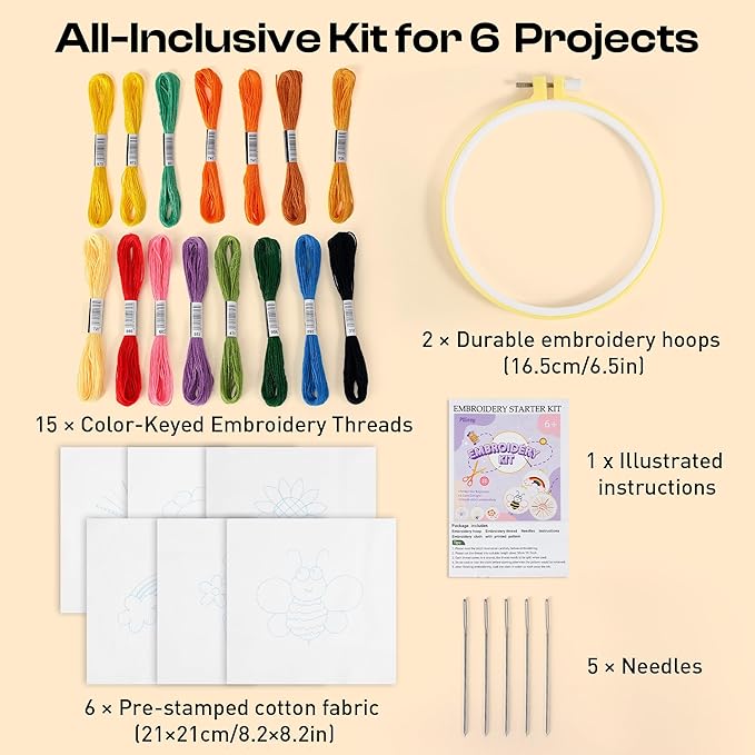 Pllieay 6PCS Embroidery Kit for Beginners, Needlepoint Kits for Beginners with Patterns, 6.5" Embroidery Hoop, Threads, Needles, Instructions, Kids Cross Stitch Kits Supplies for Girls Boys Ages 6+
