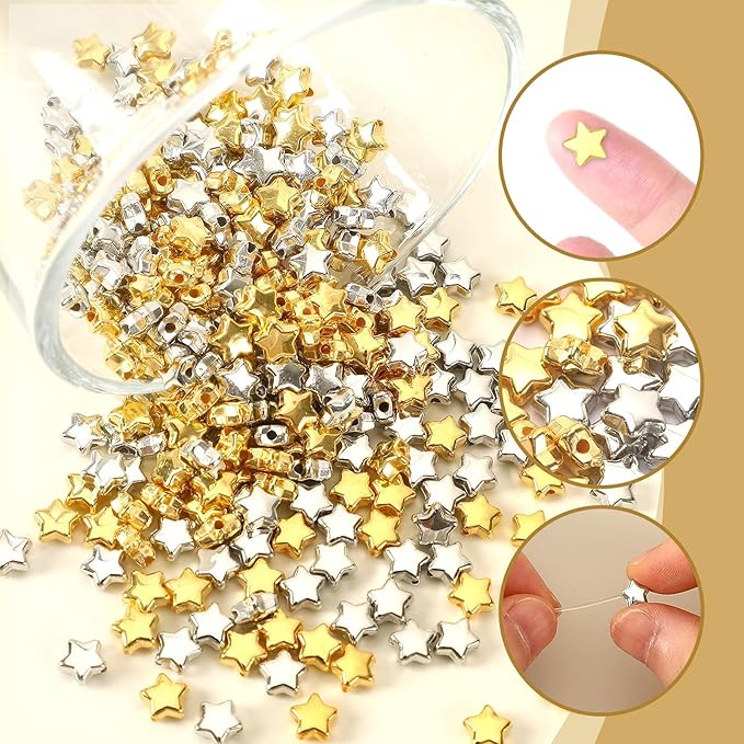 Augshy 700Pcs Star Spacer Beads - 6mm Silver & Gold for Crafts, Jewelry Making, Birthday Party, Friendship & Hair Beads