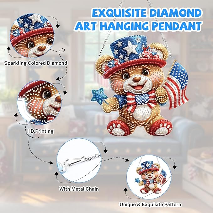 Bowetile Independence Day Bear 5D Diamond Art Hanging Kits for Adults, 4th of July Diamond Painting USA Window Pendant Kits, Special Shape Gem Art Suncatcher Ornament for Home Garden Wall Decor