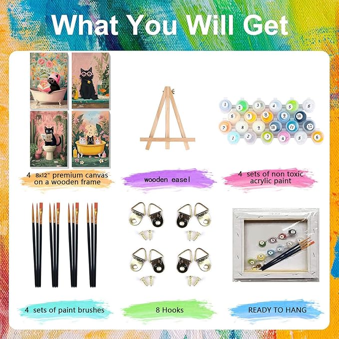 xackcme 4 Pack Paint by Numbers for Adults with Framed Canvas - with Wooden Easel, Cat Paint by Number on Canvas, DIY Black Cat Acrylic Oil Painting Kits with Brushes for Home Wall Decor (8x12 inch)