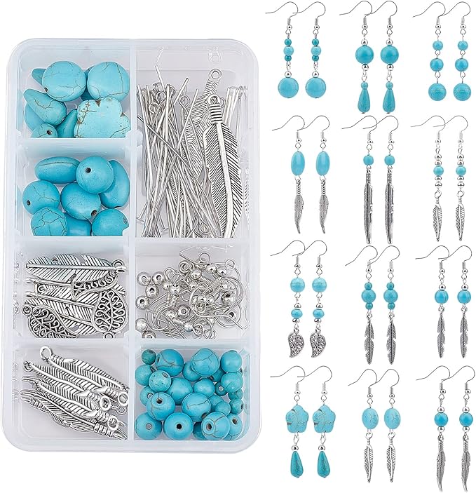 SUNNYCLUE 1 Box DIY 12 Pairs Turquoise Bead Dangle Earrings Making Kit Alloy Enamel Leaf Feather Pendants Charms with Eye Pin & Earring Hooks for DIY Earring Jewelery Making, Antique Silver