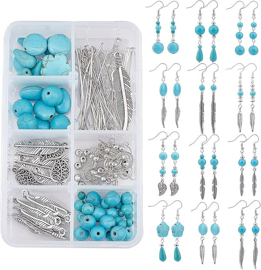 SUNNYCLUE 1 Box DIY 12 Pairs Turquoise Bead Dangle Earrings Making Kit Alloy Enamel Leaf Feather Pendants Charms with Eye Pin & Earring Hooks for DIY Earring Jewelery Making, Antique Silver