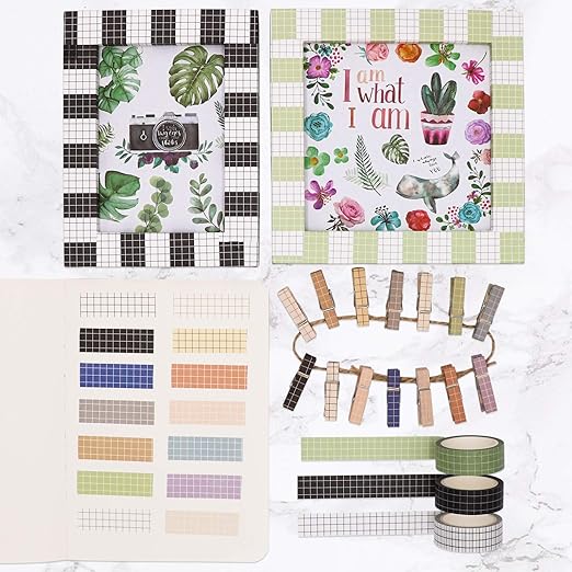 Knaid Grid Washi Tape Set, 14 Rolls of 15 mm Wide Decorative Colored Masking Tapes for Scrapbooking, DIY Decor and Crafts, Bullet Journals, Planners, Junk Journal, Gift Wrapping