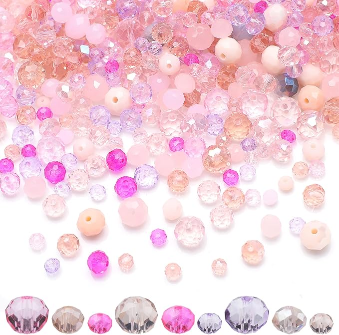 1000pcs 4/6/8mm Rondelle Glass Beads for Jewelry Making,Electroplate Round Shaped Crystal Spacer Beads Assorments for Bracelet Necklaces DIY Pink