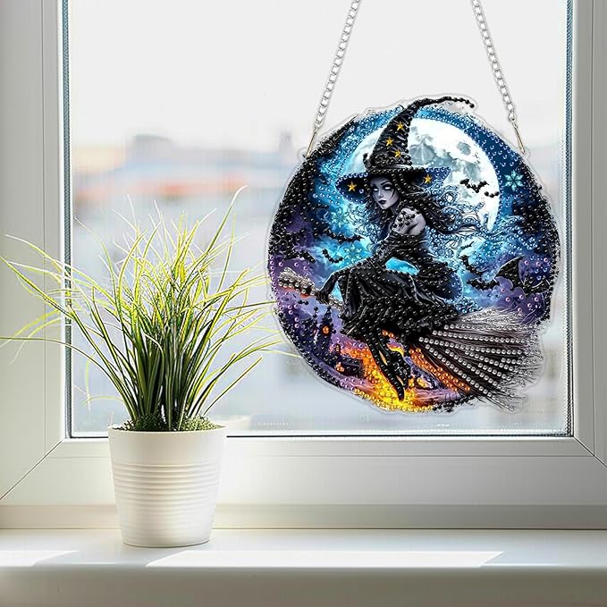 SENQAO Halloween Diamond Art Hanging Kits for Adults Beginners, DIY Acrylic 5D Special Shaped Crystal Diamond Gem Art Painting Hanging Ornament for Home Wall Decor and Gift（Retro Witch）
