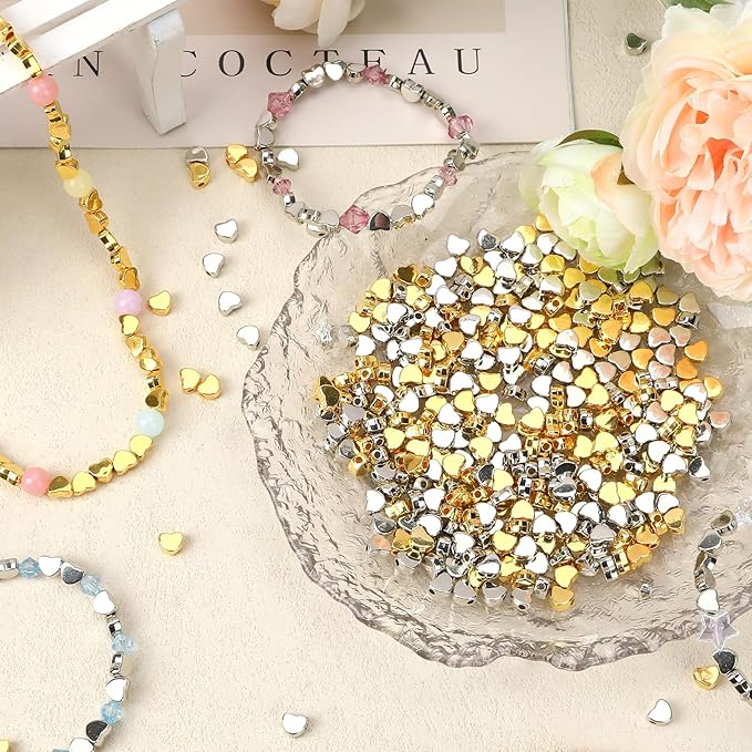 Augshy 700Pcs Silver Gold Heart Beads, Heart Spacer Beads for Bracelets Jewelry Bracelet Making Birthday Party Necklace Friendship DIY Crafts