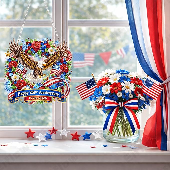 Eiflow 250 Years Anniversary Diamond Art Hanging Kit for Adults, DIY Patriotic Diamonds Painting Door Hanger Board Kit, Crystal Diamond Art Painting Pendant Ornament (Eagle)