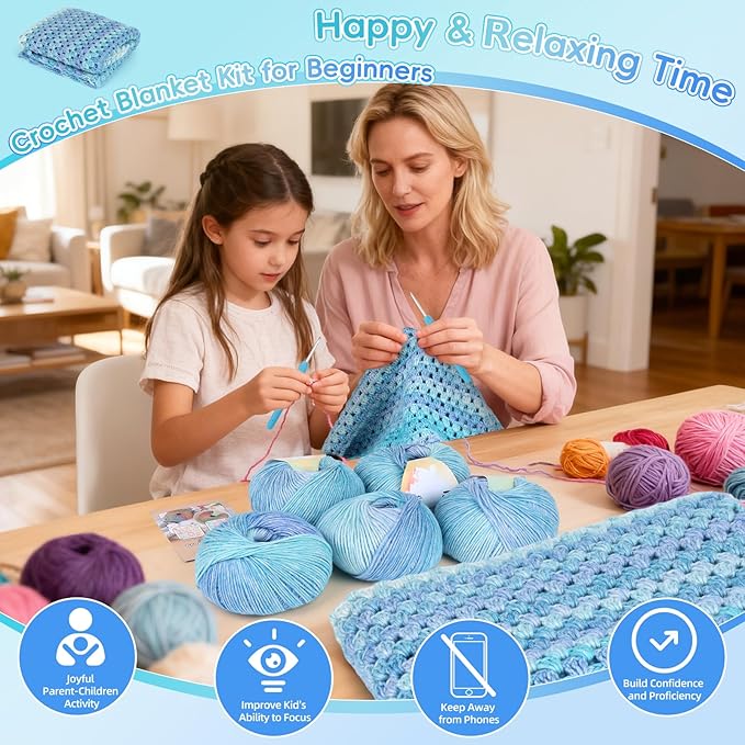 Aeelike Blanket Crochet Kit for Beginners, Super Easy Crochet Blanket Kit with Soft & Colorful Gradient Yarns Detailed Video Tutorials Crocheting Accessories, Aurora Blue Gradient & Ideal Gift