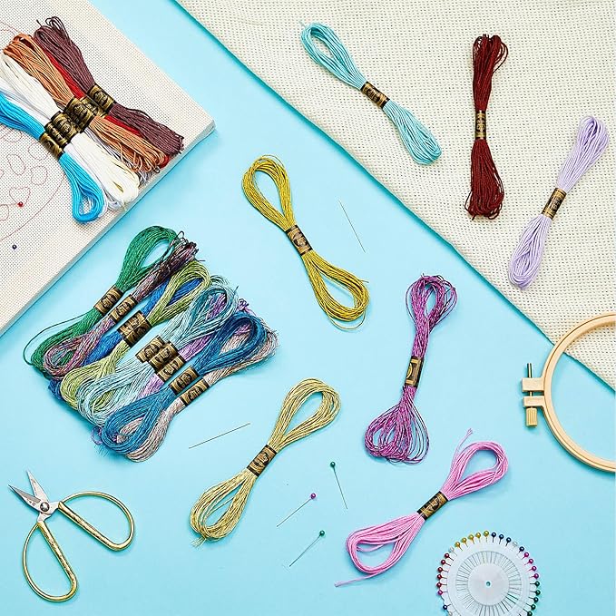 WILLBOND 24 Pcs Metallic & Cotton Embroidery Floss, 24 Vibrant Colors, Polyester Blend, 8.75 Yards Each, Ideal for Embroidery, Cross-Stitch, DIY Crafts