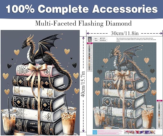 ijbnhd Dragon Diamond Art Kits for Adults, Dragon Diamond Painting Kits for Adults, DIY Full Drill Book Gem Art Crystal Rhinestone for Wall Home Decor 12X16inch