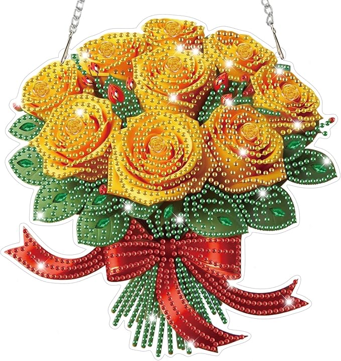 Bowetile Valentine's Day Diamond Art Hanging Kits for Adults, Diamond Art Suncatchers Yellow Roses, 5D Special Shape Diamond Painting Flowers Pendant Window Ornament Gifts for Home Door Wall Decor