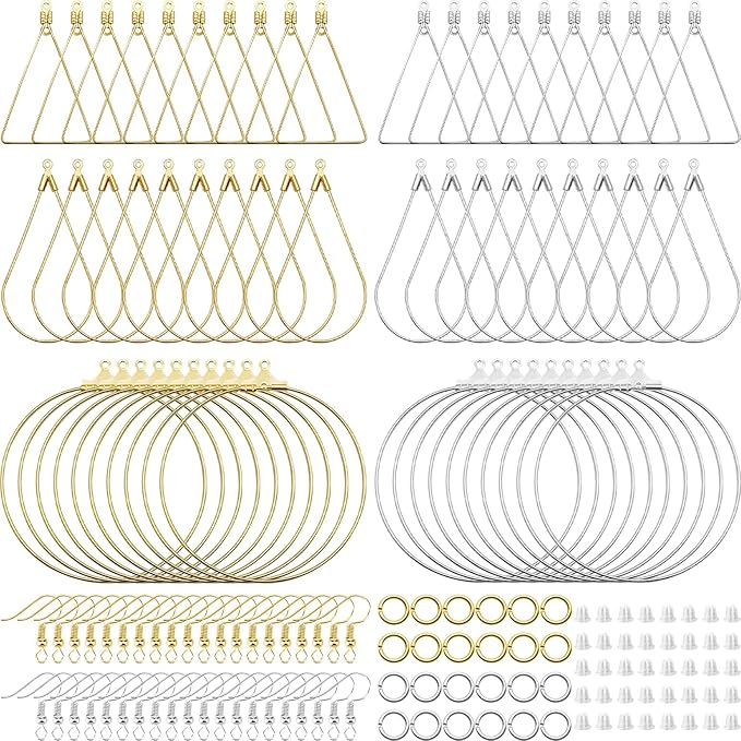 360pcs earring making kit earring hoops for jewelry making, with teardrop triangle round beading hoop,earring hooks,jump rings,earring backs for diy earring craft(k gold,white k)