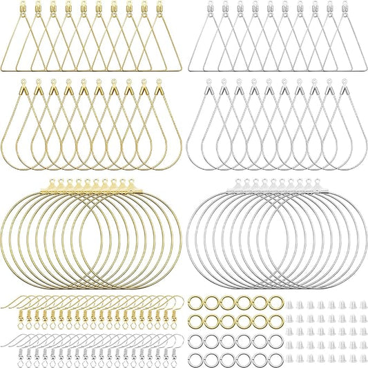 360pcs earring making kit earring hoops for jewelry making, with teardrop triangle round beading hoop,earring hooks,jump rings,earring backs for diy earring craft(k gold,white k)