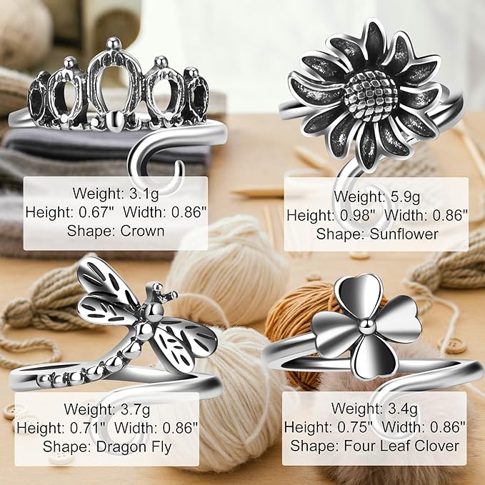 4 PCS Crochet Rings for Fingers Butterfly Flower Crown Bow Knot Sunflower Adjustable Yarn Tension Ring Knitting Accessories Crochet Gifts for Crocheters