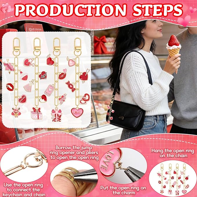 AUGSUN 189Pcs Valentines Keychain Making Kit, Valentines Day Charm Jewelry Chain Making Crafts, 60 Charms 12 Keychain Clips Hooks 15 Extender Chains 100 Jump Ring and Jewelry Plier