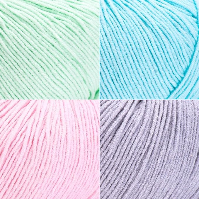 Cotton Yarn Kit - 4 Multicolor Balls Soft Sport Weight Yarn for Crochet & Amigurumi - 50g / 175yds Each & 10 Stitch Markers (H11 - Pastel-2)