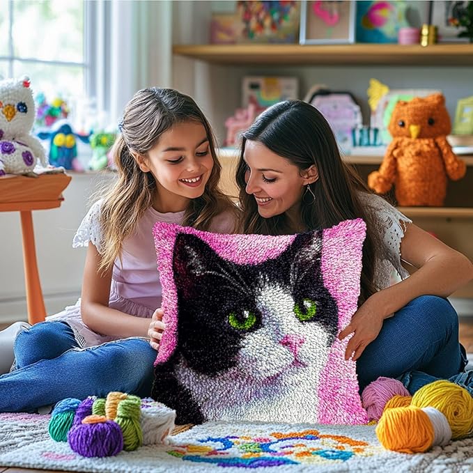 DIY Latch Hook Pillow Kits Black and White Cat with Green Eyes Printed Pillowcase Crochet Yarns Hooking Handmade Pillow Cover Cushion for Home Sofa Decoration 17x17inch-1
