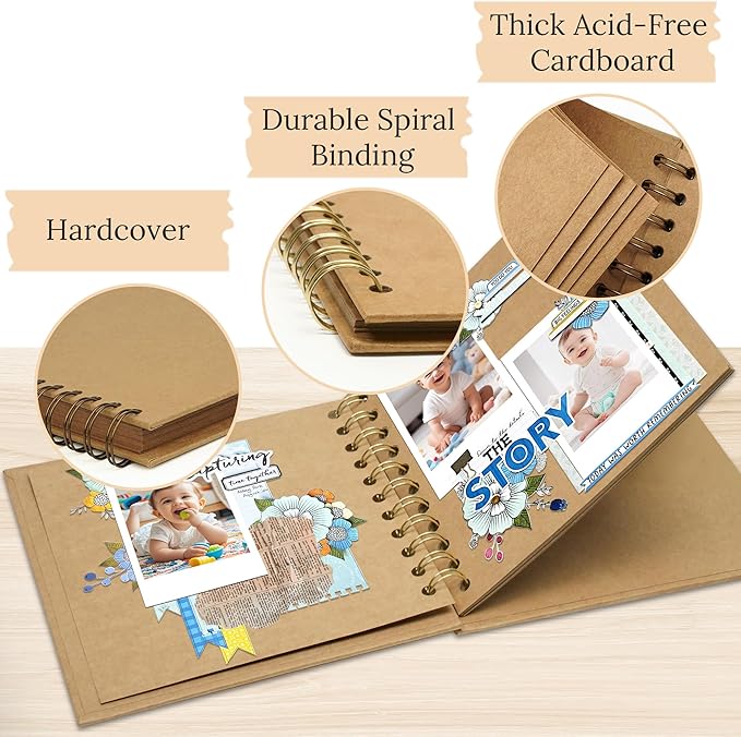 Polaroid Scrapbook Photo Album, 6.3"x6.3" DIY Scrapbook Album Hardcover Kraft Paper with 20 Sheets 40 Pages, Stylish Memory Book for Wedding, Anniervsary, Family, Travel, Khaki