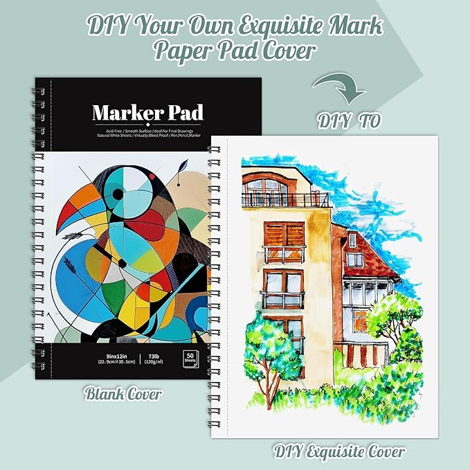 50 Sheets Marker Paper Pad, 9×12 Inch Bleedproof Art Sketch Pad, 73lb/120gsm Drawing Paper Spiral Sketch Book, Painting Coloring Alcohol Marker Paper for Beginners, Artists, Gift, Christmas