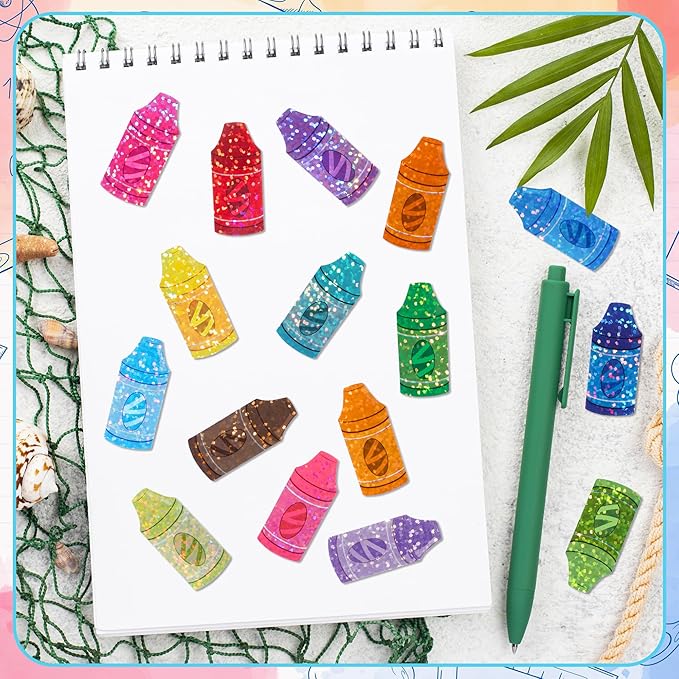 beyumi colorful laser crayon sticker - 1000pcs back to school laser crayon stickers in 2 rolls holographic colorful sparkly glitter first day of school adhesive decal gift party envelope decor for kid