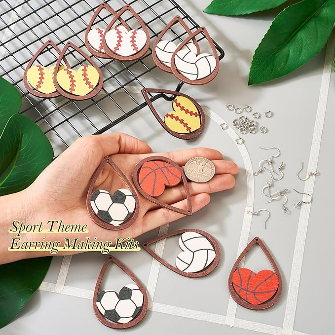 Beadthoven 10 Pairs DIY Sports Ball Wood Dangle Earrings Making Starter Kit Sports Lover Big Wood Pendant Hollow Teardrop Heart Charms Earring Hooks Jump Rings for Jewelry Making Adult Valentine’s Day