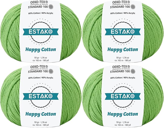 Estako Happy Cotton, (4 Skeins Pack) 60% Cotton 40% Acrylic Yarn, Soft, Fine/Sport (2) for Crochet and Knitting (4 x 1.76 Oz) / (4 x 180 Yrds) (4910 - Green)
