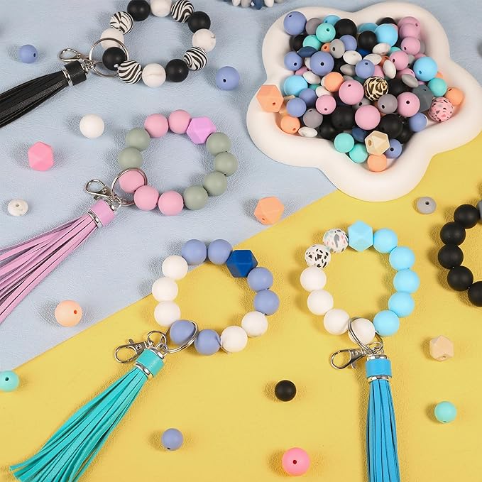 CZWZ 141pcs Silicone Beads for Keychain Making Kit 15mm 12mm Round 14mm Polygonal Silicone Loose Beads Bulk for Pens Bracelet Necklace Crafts Making