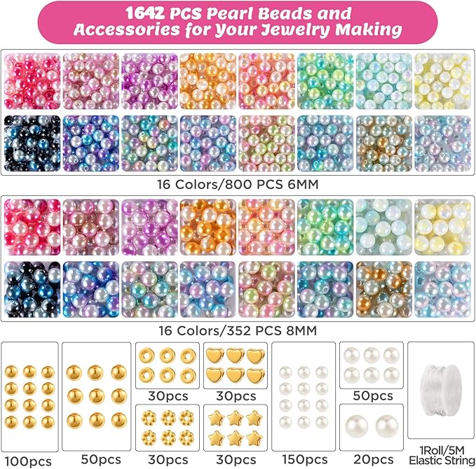 Funtopia Pearl Beads for Bracelets, 6mm 8mm Colorful Round Beads for Jewelry Making, 1642pcs Bracelet Making Kit with Gold Small Spacer Beads for Crafting Bracelet Necklace Earrings DIY