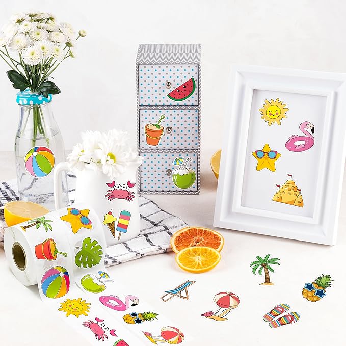beyumi summer beach roll stickers - 1000pcs summer beach stickers in 2 rolls waterproof vinyl cute drawing style decals for phone laptop water bottle notebook luggage computer envelope decor