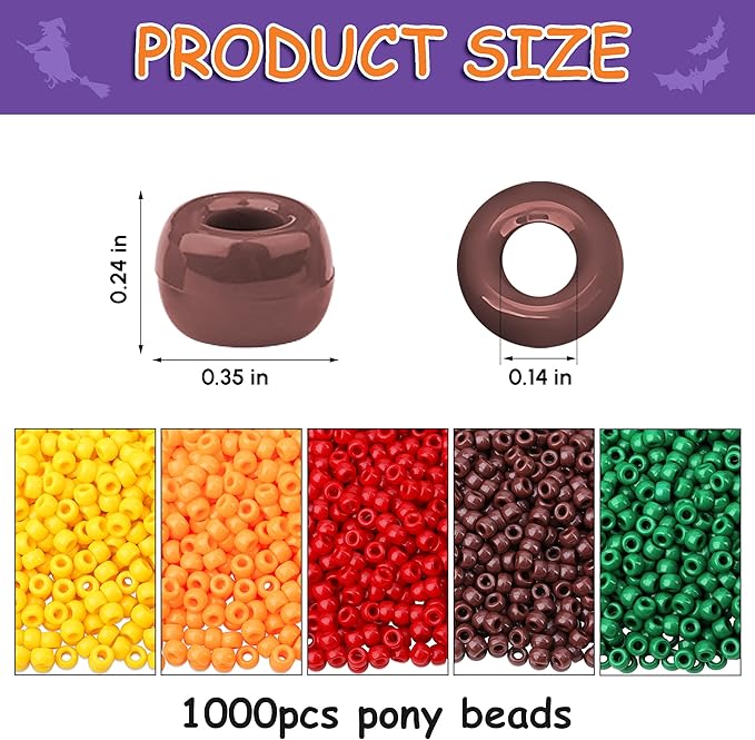 Fall Pony Beads 1000 Pcs, Autumn Thanksgiving Bracelets Beads for Jewelry Making, Plastic Hair Bead for Braid for Craft, Autumn Thanksgiving, Gifts for Friend(Yellow, Red, Brown, Green)