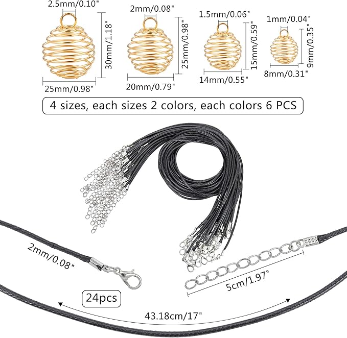 PH PandaHall 72pcs Spiral Bead Cage Pendants Set 48pcs 4 Sizes Iron Stone Holder Cage Necklace Pendants with 24pcs Leather Cord for Jewelry Making Crafting, 9/15/25/30mm