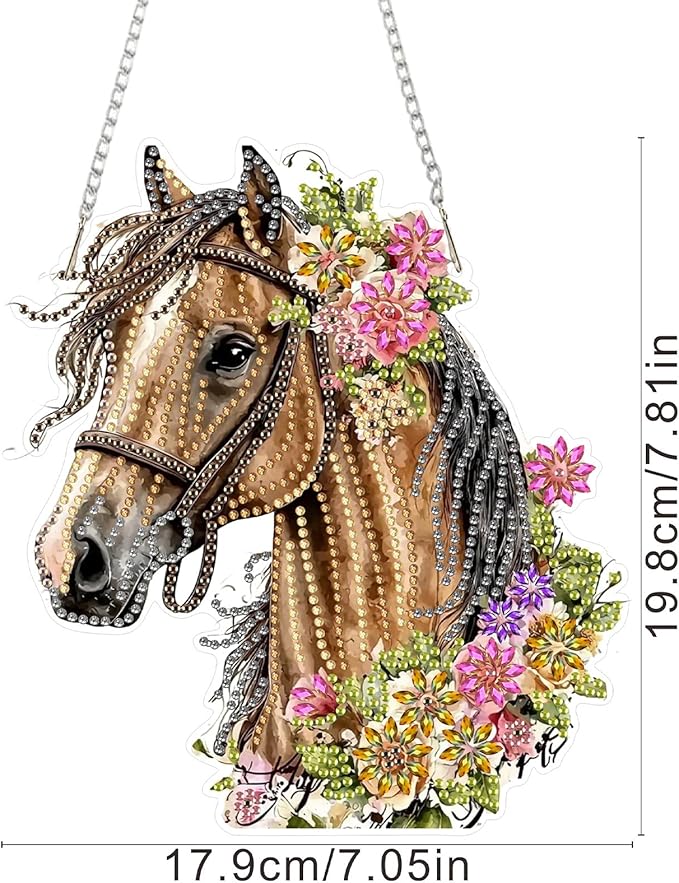 SENQAO Horse Hanging Diamond Art Painting Kits for Adults Beginners, 5D Special Shape Diamond Art Kits, Flower Crystal Rhinestones Diamond Gem Art Painting for Home Garden Wall Decor