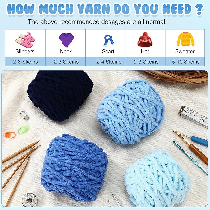 Buryeah 8 Pack Chunky Chenille Yarn for Crocheting Soft Thick Fluffy Yarn for Hand Knitting Bulky Velvet Blanket Plush for Weaving DIY Crafts Each 3.5 oz 55 Yards(Blue Series)