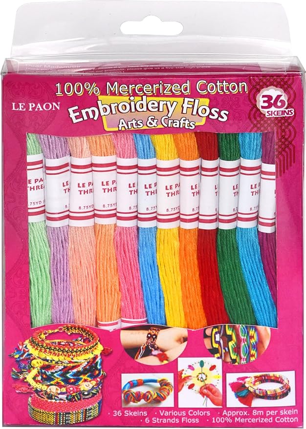 Embroidery Floss Friendship Bracelets Floss 36 Skeins Per Pack dy le paon Crafts Floss Cross Stitch Threads and Free Set of Free Friendship Wheel 100% Long Staple Cotton