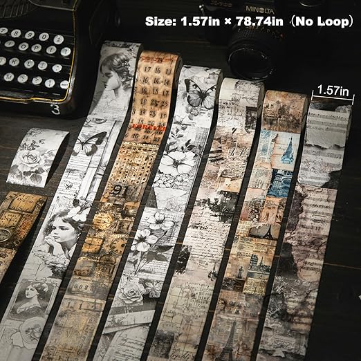 6 Rolls Vintage Book Page Washi Tape Set – Non-Repeating Retro Collage Designs for Scrapbooking, Journaling, and DIY Crafts