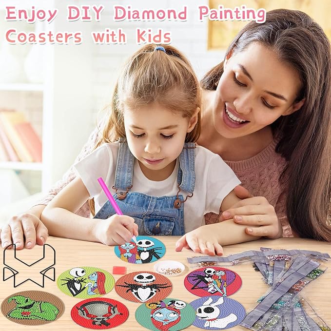 8Pcs Diamond Painting Coasters with Holder,DIY Halloween Life Coaster Diamond Art Kits for Adults, Full Drill Rhinestone Painting Kits for Adults & Kids,Beginners Art Craft Supplies