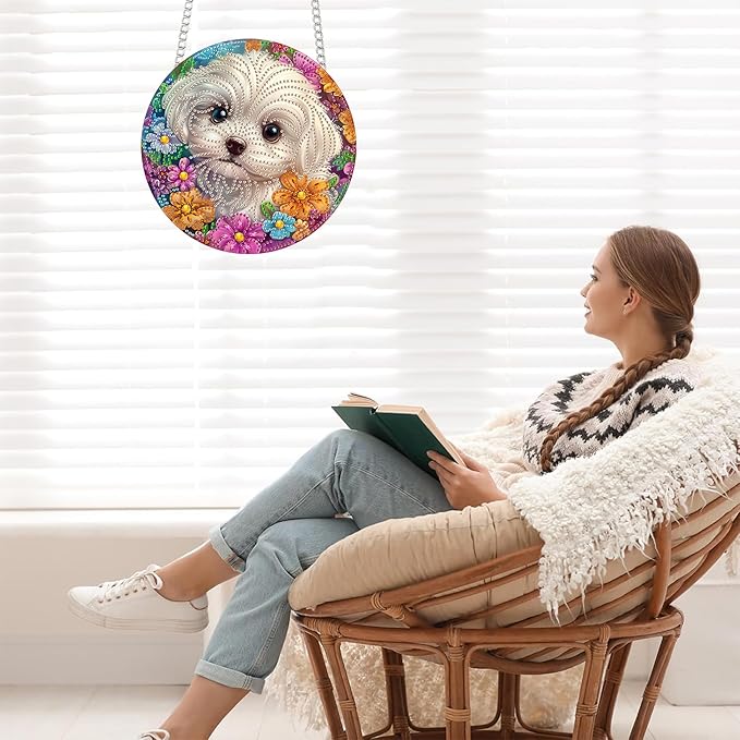 Bimkole Dog Diamond Art Hanging Kit for Adult, DIY 5D Diamond Art Pet Animal Window Pendant, Acrylic Crystal Art Hanging Ornament Home Wall Garden Front Door Sign Outdoor Decor 7.8x7.8 Inch