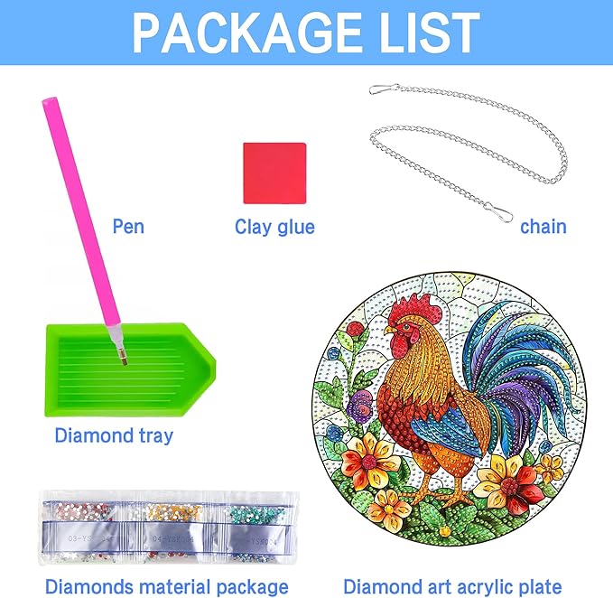 VAIIEYO Rooster Diamond Art Hanging Ornament, Animal Diamond Painting Suncatchers Window Hanging Kit with Chain, 7.5x7.5 inch Crystal Pendant Art Craft for Gift Home Wall Front Door Decoration