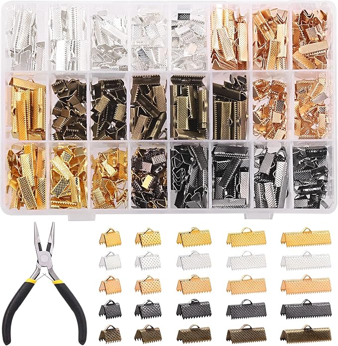 701Pcs 5 Colors Ribbon Clamp Ends for Jewelry Making with Pliers Tool Assortment Kit Bracelet Leather Bookmark Pinch Crimp Ends with Loop
