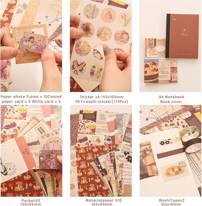 348 Pcs Scrapbooking Supplies Kit, Vintage Aesthetic Scrapbook Kit for Bullet Junk Journal, Stationery, A6 Grid Notebook, DIY Journaling Supplies, Birthday Craft Gift for Teen Girl Kid Women