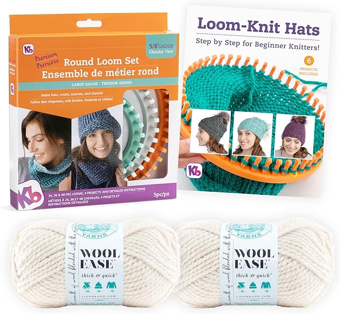 Authentic Knitting Board 'Premium' Round Knitting Looms Set (Chunky Round Loom Set with Yarn - Fisherman Color)
