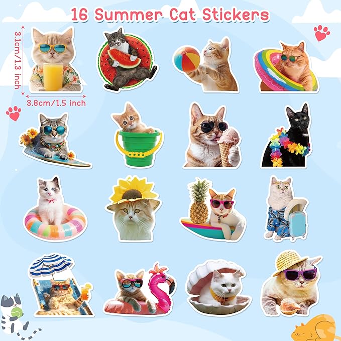 h1vojoxo summer cats sticker rolls - 1000pcs hawaii cat stickers for kids 16 designs waterproof beach cats stickers for water bottles laptop scrapbook crafts envelopes gifts cute sticker for cat lover