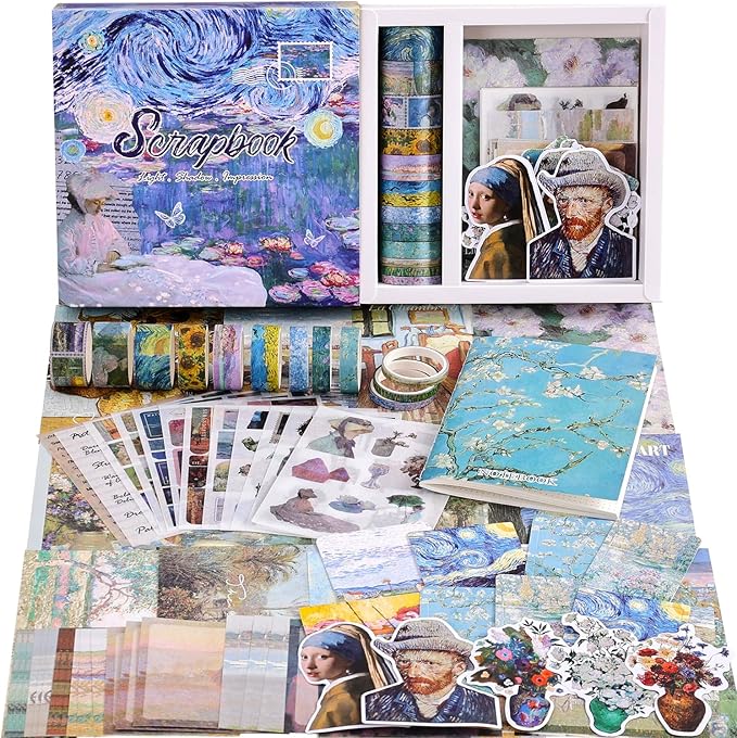 Scrapbooking Supplies Kit, Monet Van Gogh Oil Painting Theme Scrapbook Kit for Bullet Junk Journal, 12 Rolls Washi Tape, Stickers Papers for DIY Journaling Supplies, Craft Gift for Women Teenage
