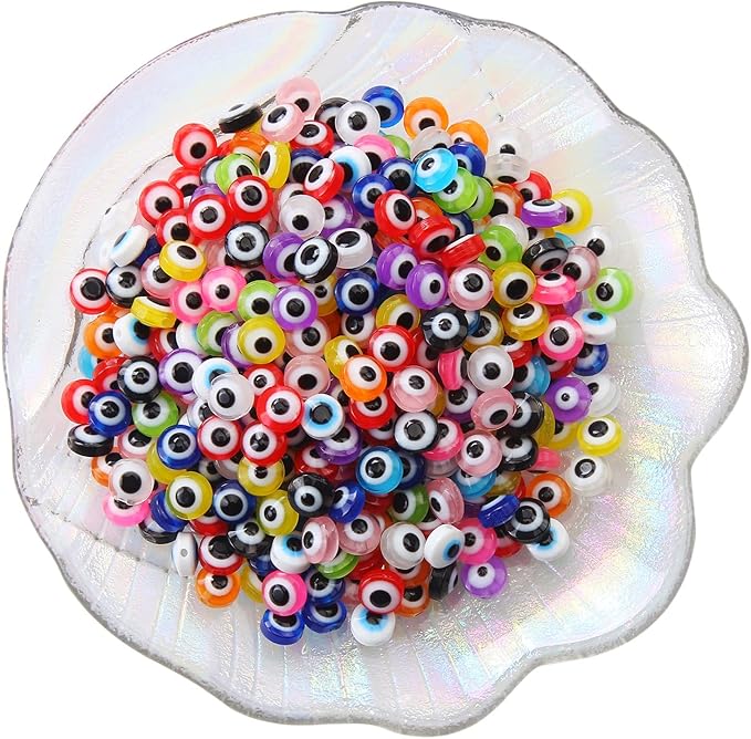 300pcs Evil Eye Beads for Jewelry Making,Flat Round Bead 8mm Spacer Beads for Bracelets Handicraft Kit(Mixed Color)