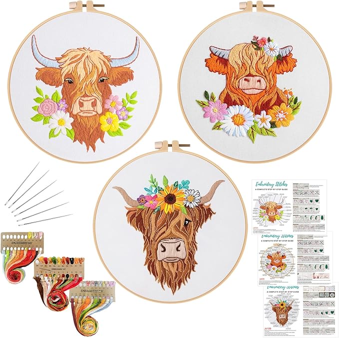 louise maelys 3 sets embroidery kits for beginners,cross stitch kit for adults,starters diy needlepoint including hoop -highland cow and florals pattern