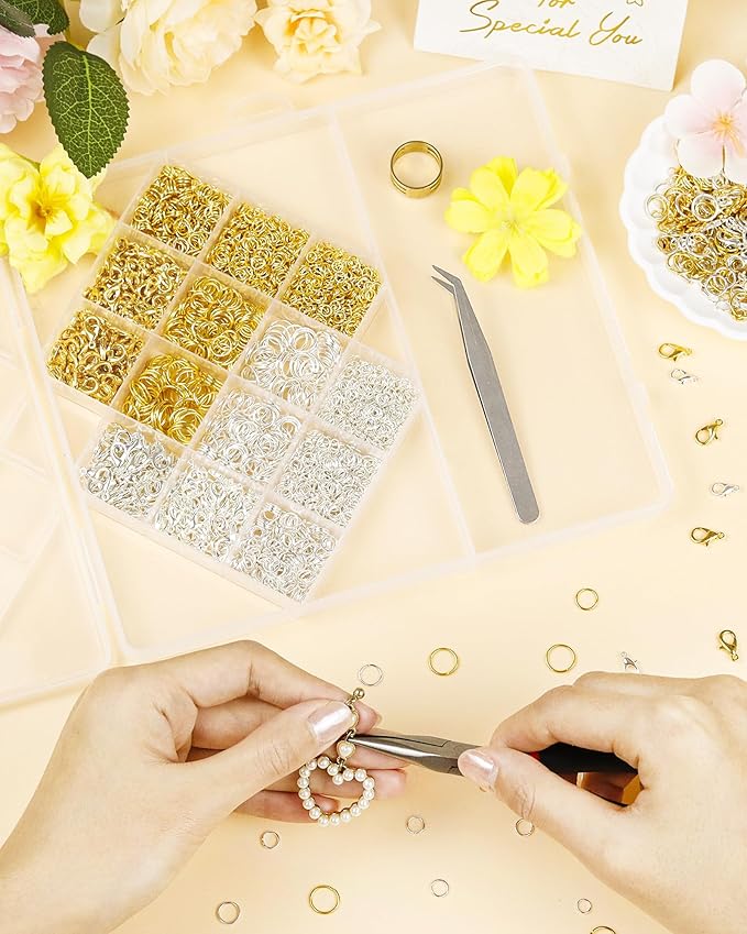 FIVEIZERO 2400PCS Jump Rings Kit for Jewelry Making Supplies & Necklace Repair with Silver & Gold Jump Rings, Lobster Clasps, Pliers, Tweezer & Opener, Jewelry Repair Kit for Earrings and Charms ﻿